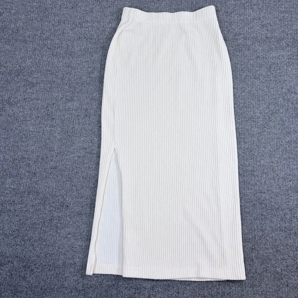 Minimalist‎ Free People Cream Ribbed Midi Skirt Side Slit XS